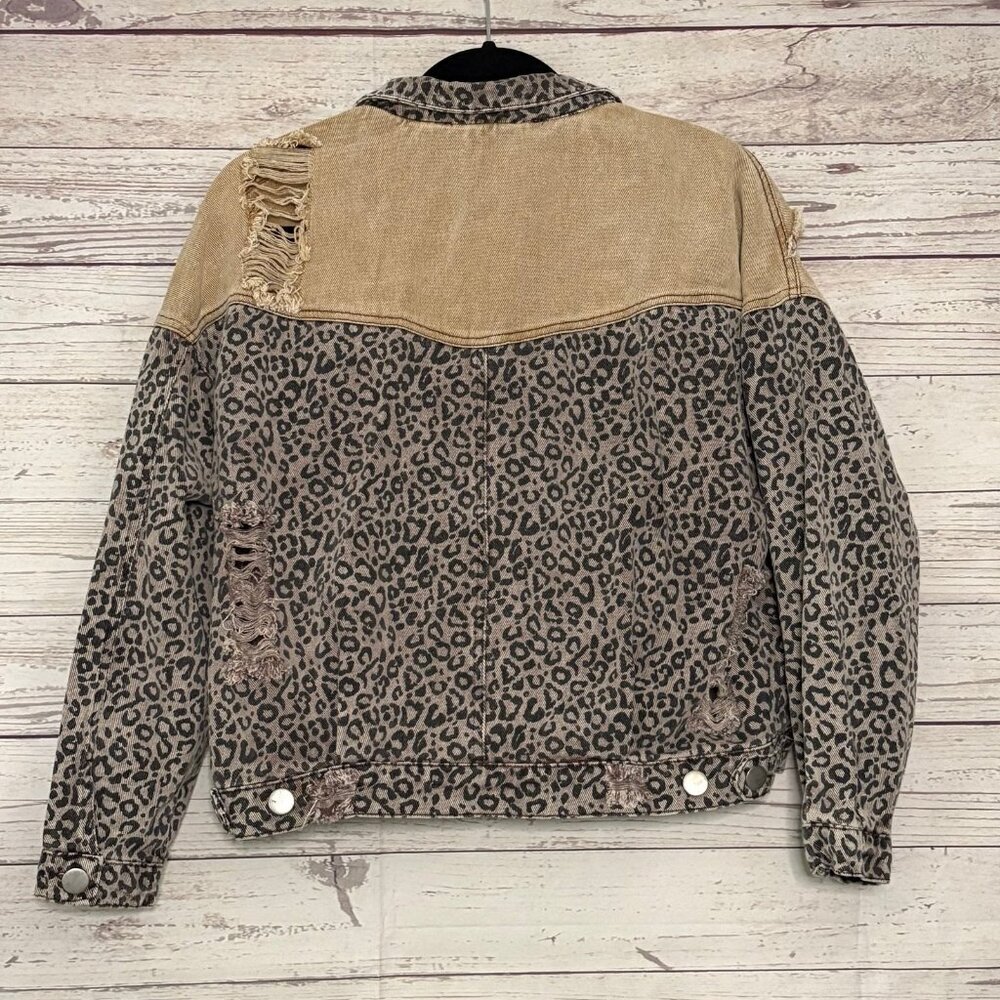 HYFVE Distressed Cropped Denim Leopard Print Jacket Small - Picture 8 of 11